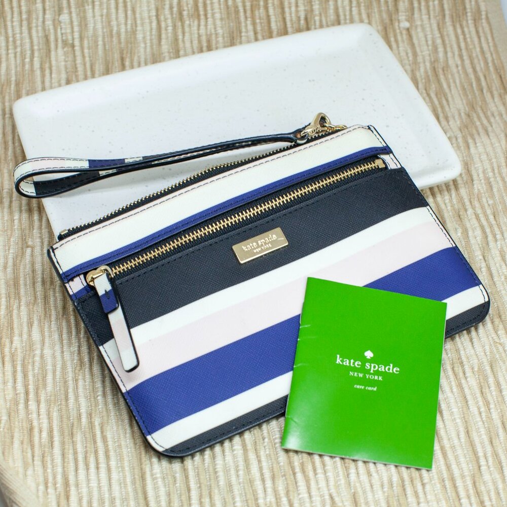 Kate Spade New York Blue White Pink Tinie Laurel Way Stripe Wristlet Wallet